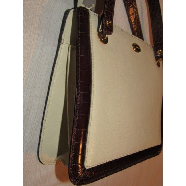 Bally Vintage Pursesdesigner Purses Ivory Textured Leather With Brown Crocodile Embossed Trim Should