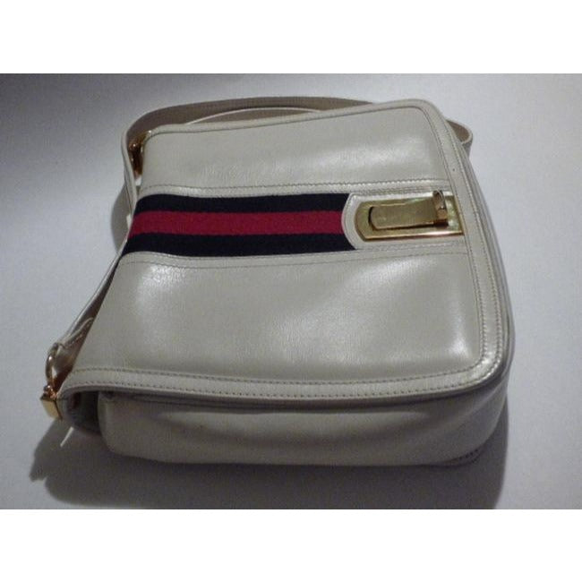 Gucci Vintage White Leather With Wide Red Blue Striped Center Hobo Bag