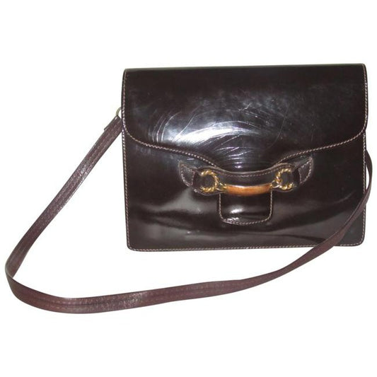 Gucci Horsebit Brown W Gold And Enamel Clasp Patent Leather Shoulder Bag