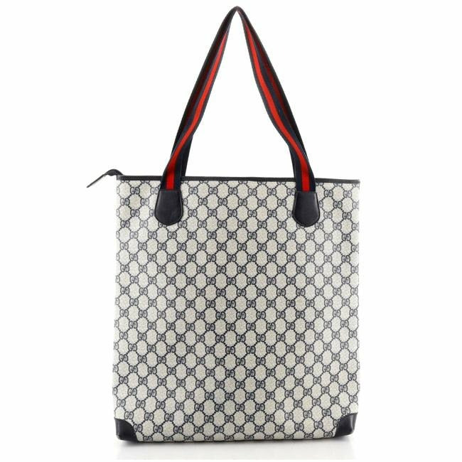 Gucci Navy Guccissima Print Canvas And Leather GG Supreme Tote Bag with Red & Blue Striped Handles