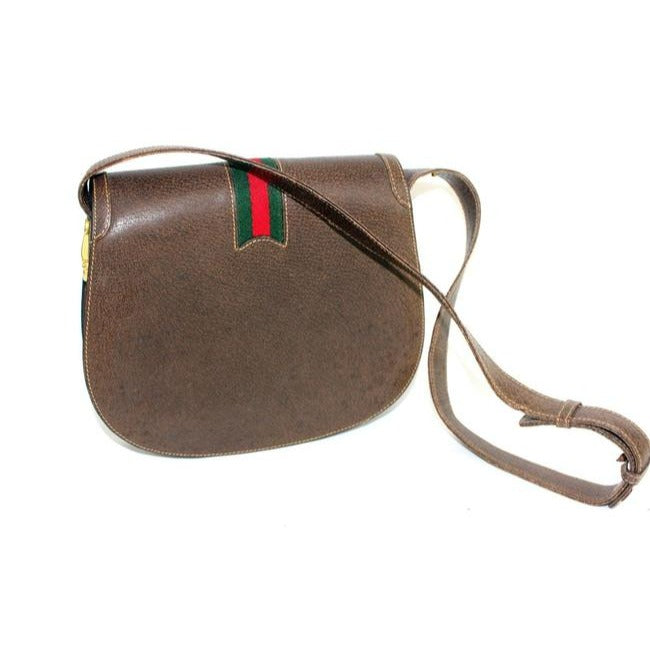 Gucci W Saddle Style Purse Red Green Stripe Brown Leather Shoulder Bag