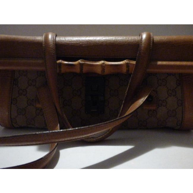 Gucci Guccissima Print Canvasleather Bamboo Bullet Tan Leather Satchel