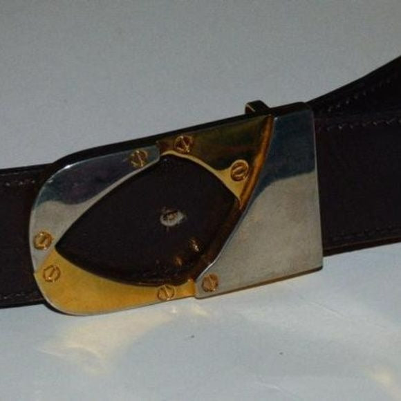 Gucci brown/burgundy leather belt w two-tone equestrian buckle