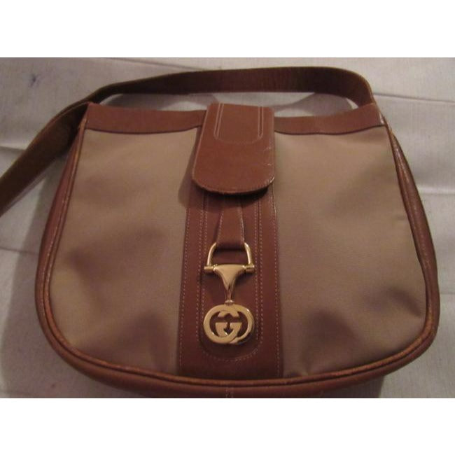 Gucci Vintage Tan Canvas Medium Brown Leather With Elaborate Center Clasp Leather