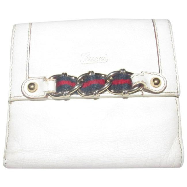 Gucci White Textured Leather With Gold Chain And Red And Navy Striped Accents Wallet