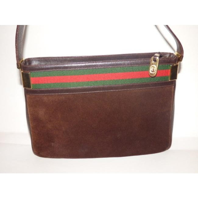 Gucci Vintage Brown Suede And Leather With Red And Green Striped Top Hobo Bag