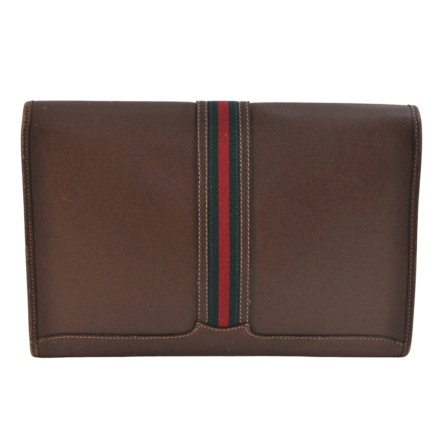 RARE, Gucci, Jackie, mod, brown leather, boxy, clutch or portfolio with a red & green stripe, a flap strap closure at the center