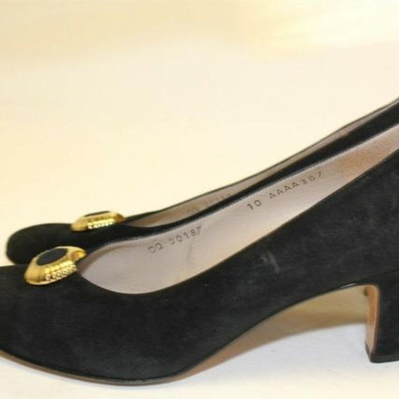 Salvatore Ferragamo black suede kitten Heels with round, scalloped gold and enamel, buckle accents!