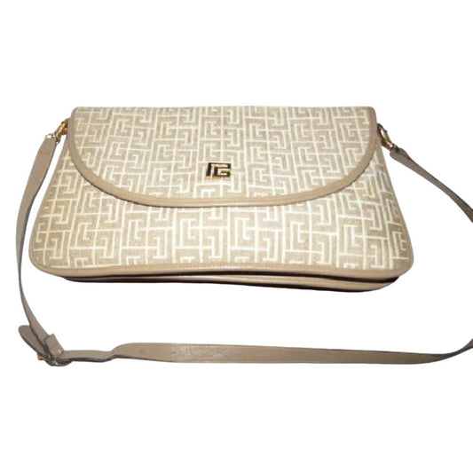 Vintage, Pierre Balmain, beige and white, geometric, "subway" print fabric and beige leather, two-way style, clutch or shoulder bag