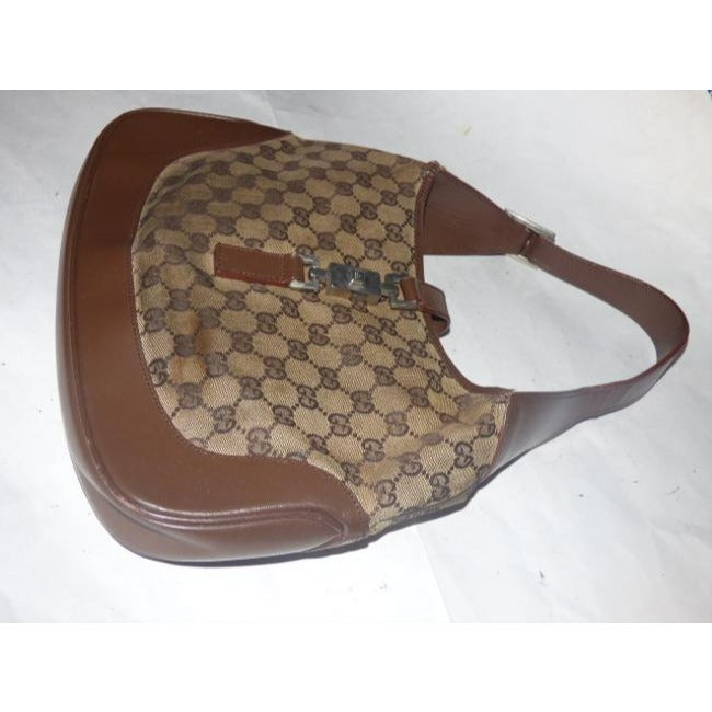 Gucci Jackie Vintage Style Shoulder Purse Brown Large G Logo Print Leather Canvas Hobo Bag