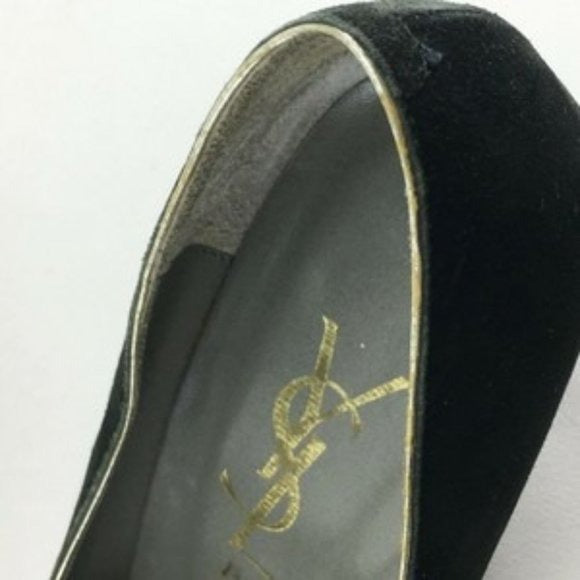 1960's YSL size 35 EU black suede 3" kitten heels w silver trim