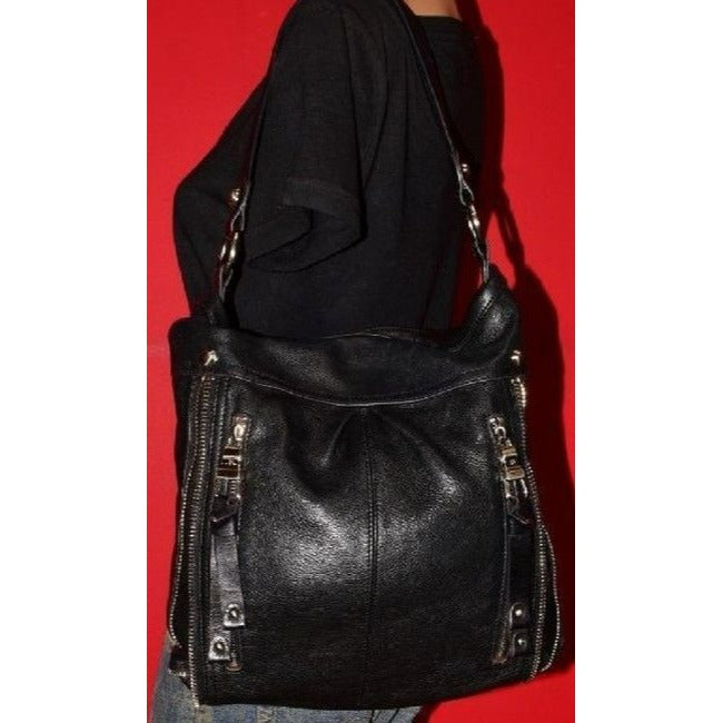 B Makowsky Black Textured Leather Hobo Bag