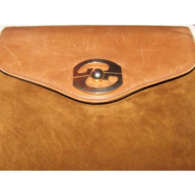 Gucci Gold Camel Leather Suede GG Logo Accent