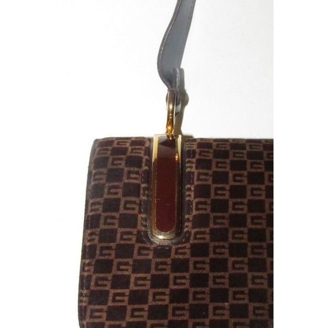 Gucci Vintage Brown Square G Logo Print Suede And Brown Leather Shoulder Bag