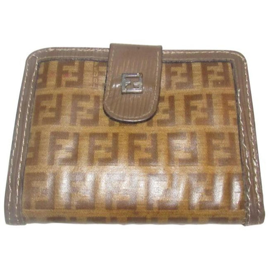 Fendi Dark Brown Small F Logo Print Coated Canvas And Textured Brown Leather Vintage Walletdesigner