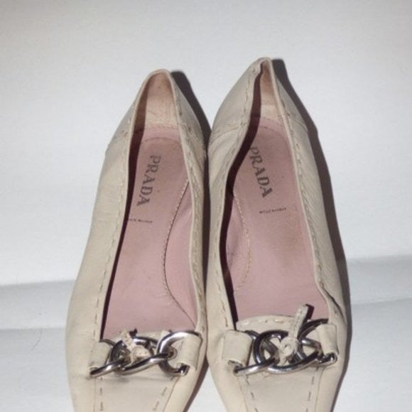 Prada Ivory Squared Pointy Toe Kitten Heel with Chrome  Chain