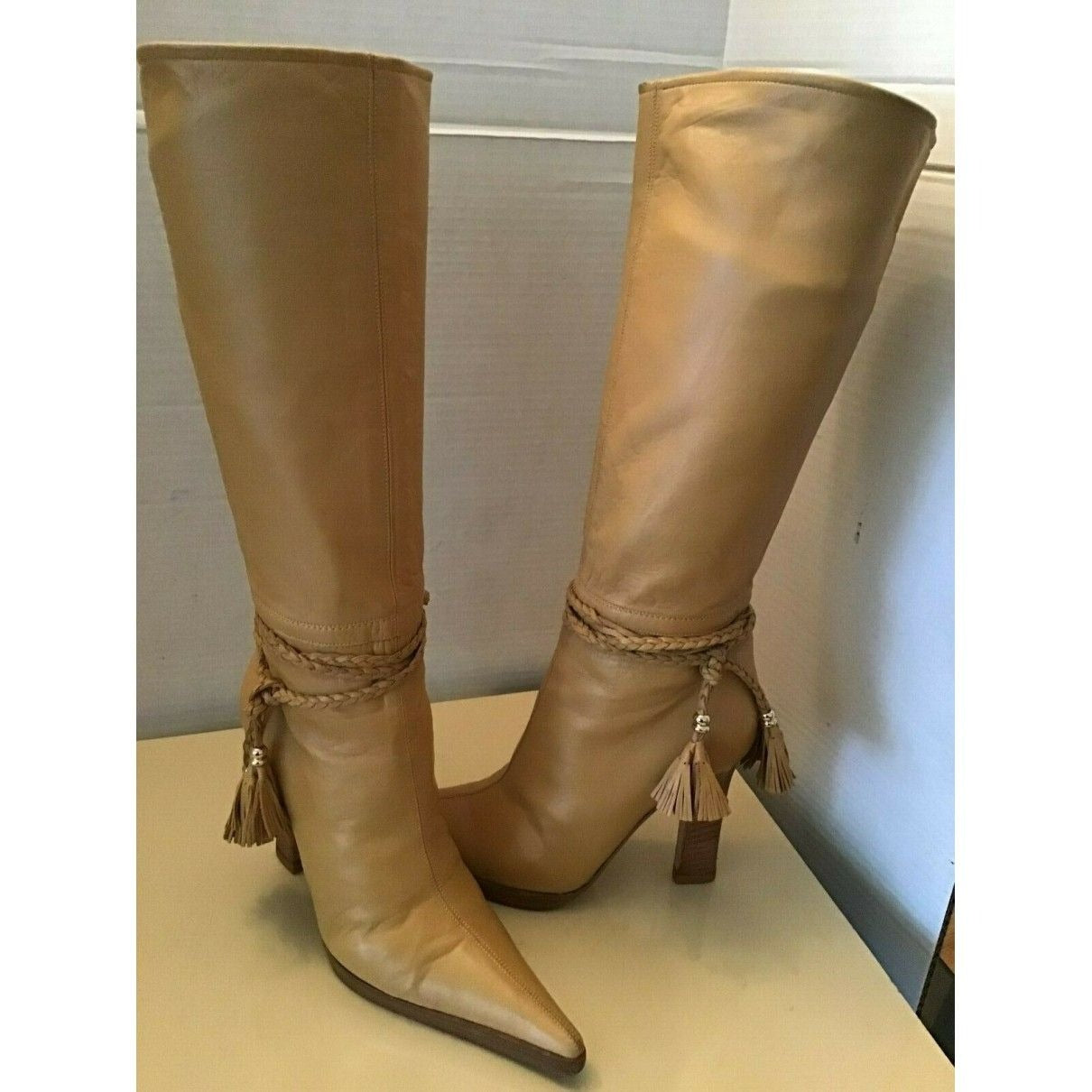 AMAZING pair of Versace, size EU 35.5, buttery soft tan leather boots with woven leather & gold bead accents, pointed toes, pull closures