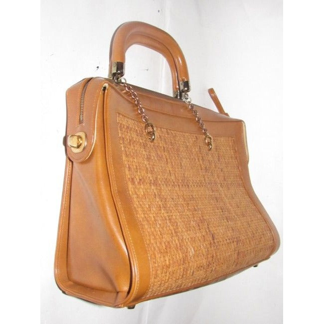 Vintage Pursesdesigner Purses Camel Leather And Natural Woven Raffia Satchel