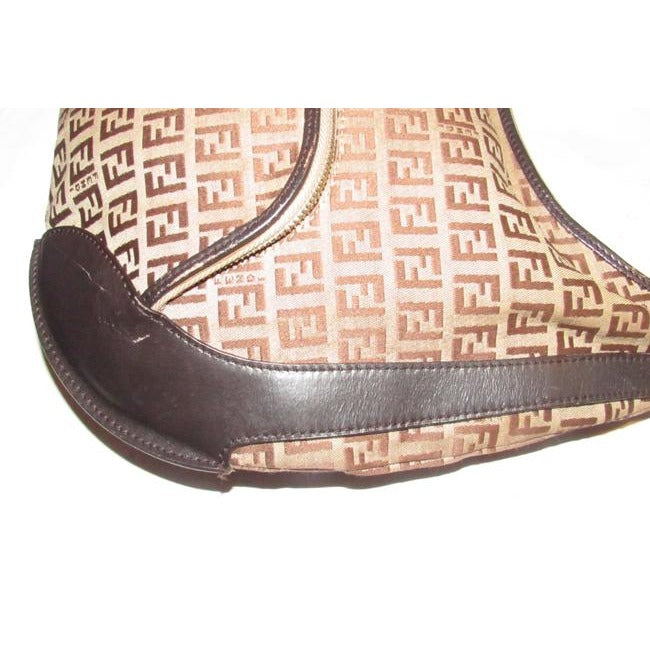 Fendi Chef Shoulder Purse Brown Zucchino Or Small F Logo Print Light Brown On Canvas And Brown Leath