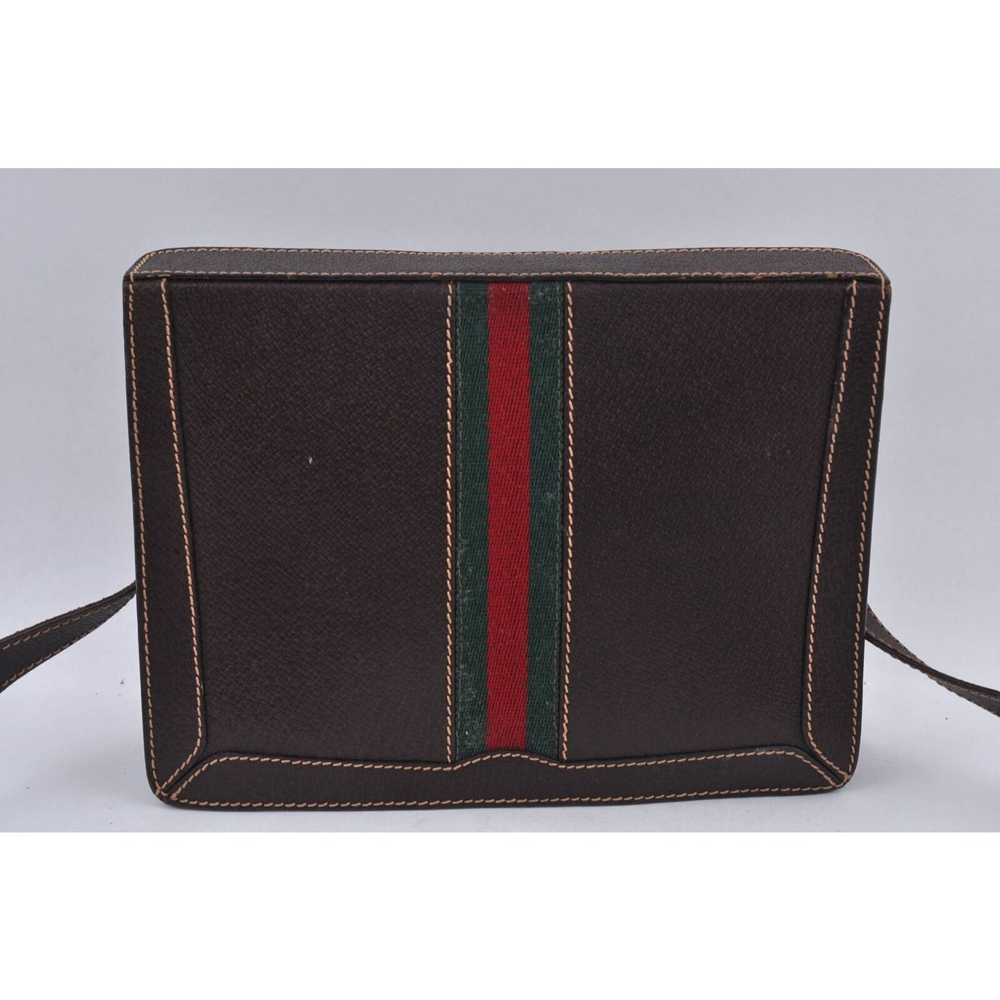 Vintage Gucci brown leather, boxy, cross body or shoulder purse with bold gold tone w a red & green stripe