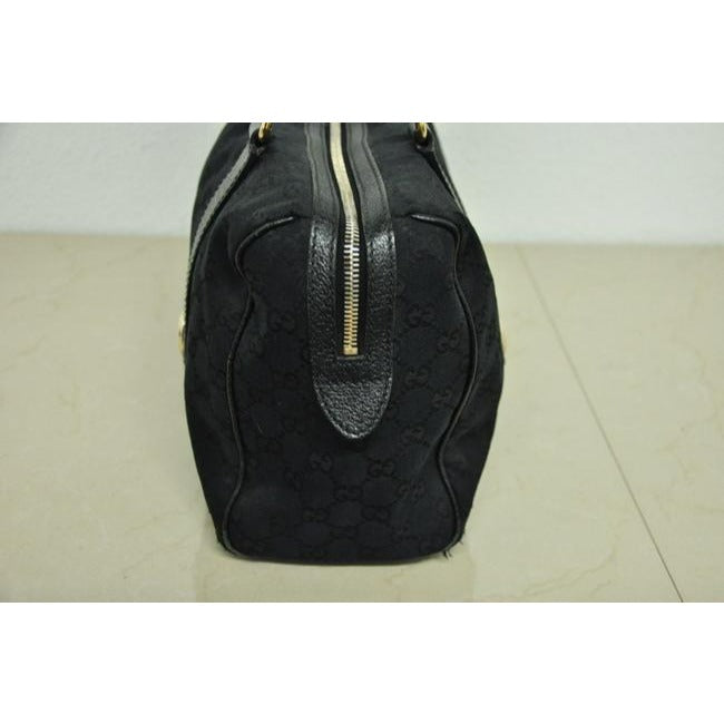 Gucci Black Large Logo Print Canvas And Black Leather Canvas Satchel