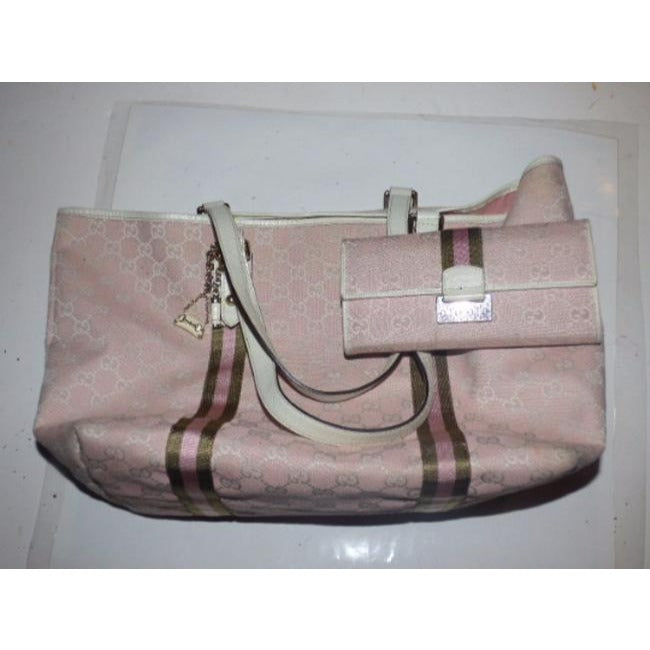 Gucci Vintage Pink And White With Ivy Green Leather Canvas Tote