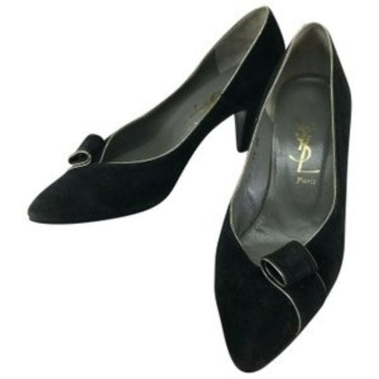 1960's YSL size 35 EU black suede 3" kitten heels w silver trim