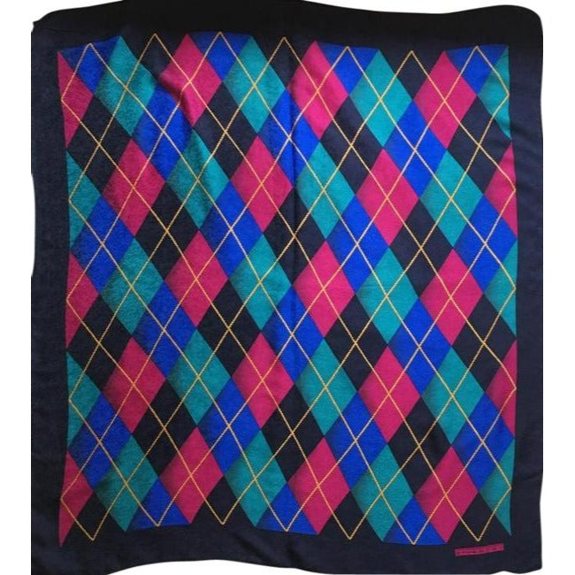 Givenchy Navy Pink Aqua Argyle Print Abstract Silk Scarf