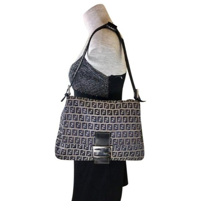 Fendi W Mamma Forever Canvasleather Chrome Ff Navy Zucchino Print On Grey Canvas And Leather Shoulde