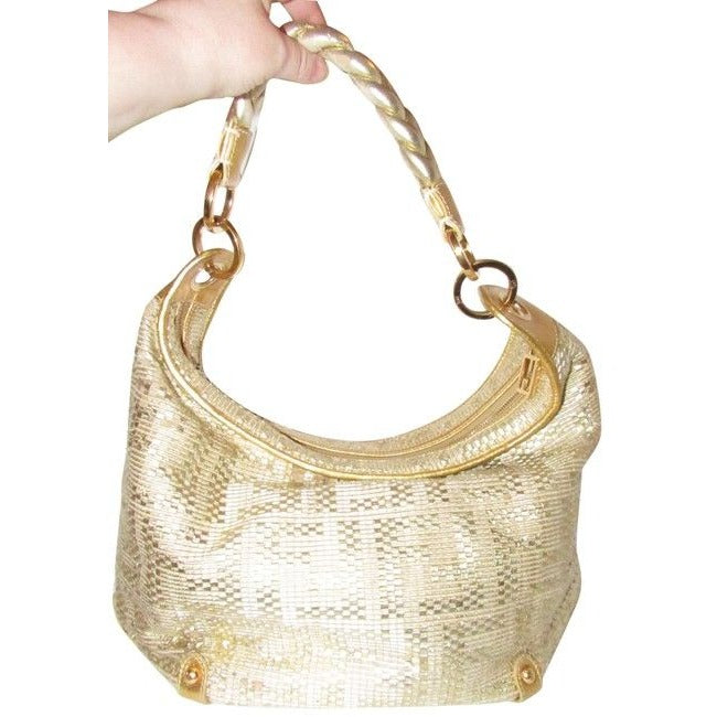 Fendi Shoulder Xl W Zucca Design Gold Leather With Woven F Logo Hobo Bag