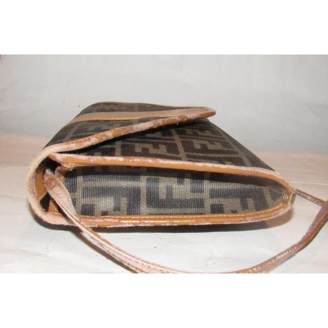 Fendi Clutch Zucca Print Two Way Style Cross Bodyshoulder Purse Or Brown Large F Logo Coated Canvas