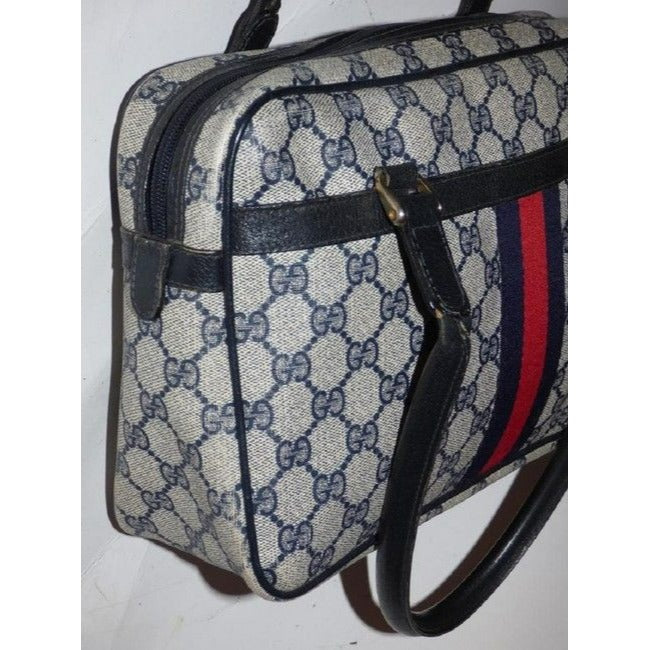 Gucci Guccissima Print Canvasleather Top Handle With Navy G Logoredblue Stripe Leathercoated Canvas