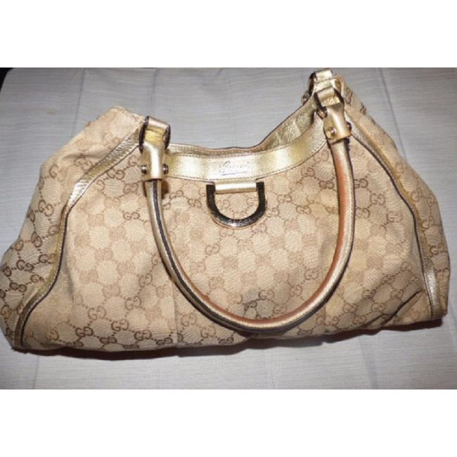 GUCCI brown Guccissima Print canvas and gold leather, XL Abbey D Ring, satchel style purse