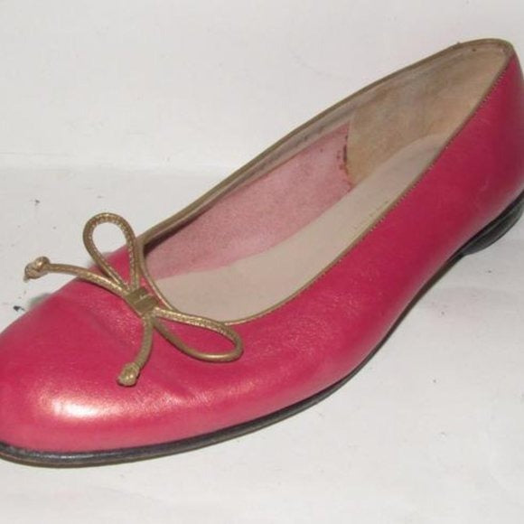 Salvatore Ferragamo Pink Leather Vintage Ballet Flats With Metallic Taupe Trim And Bows