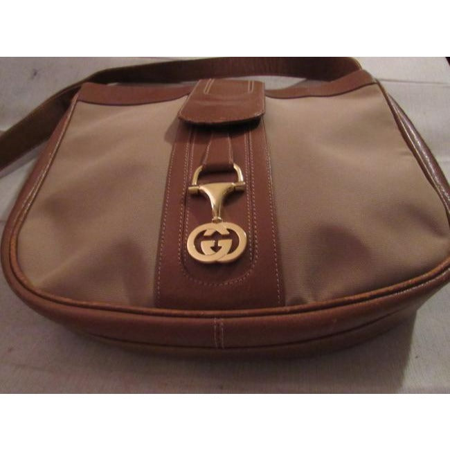 Gucci Vintage Tan Canvas Medium Brown Leather With Elaborate Center Clasp Leather