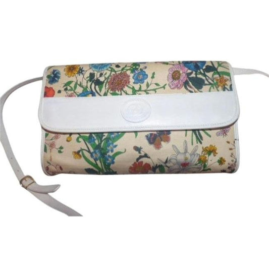 Gucci Vintage Two Way Multicolored Floral Print Canvas And White Leather Cross Body