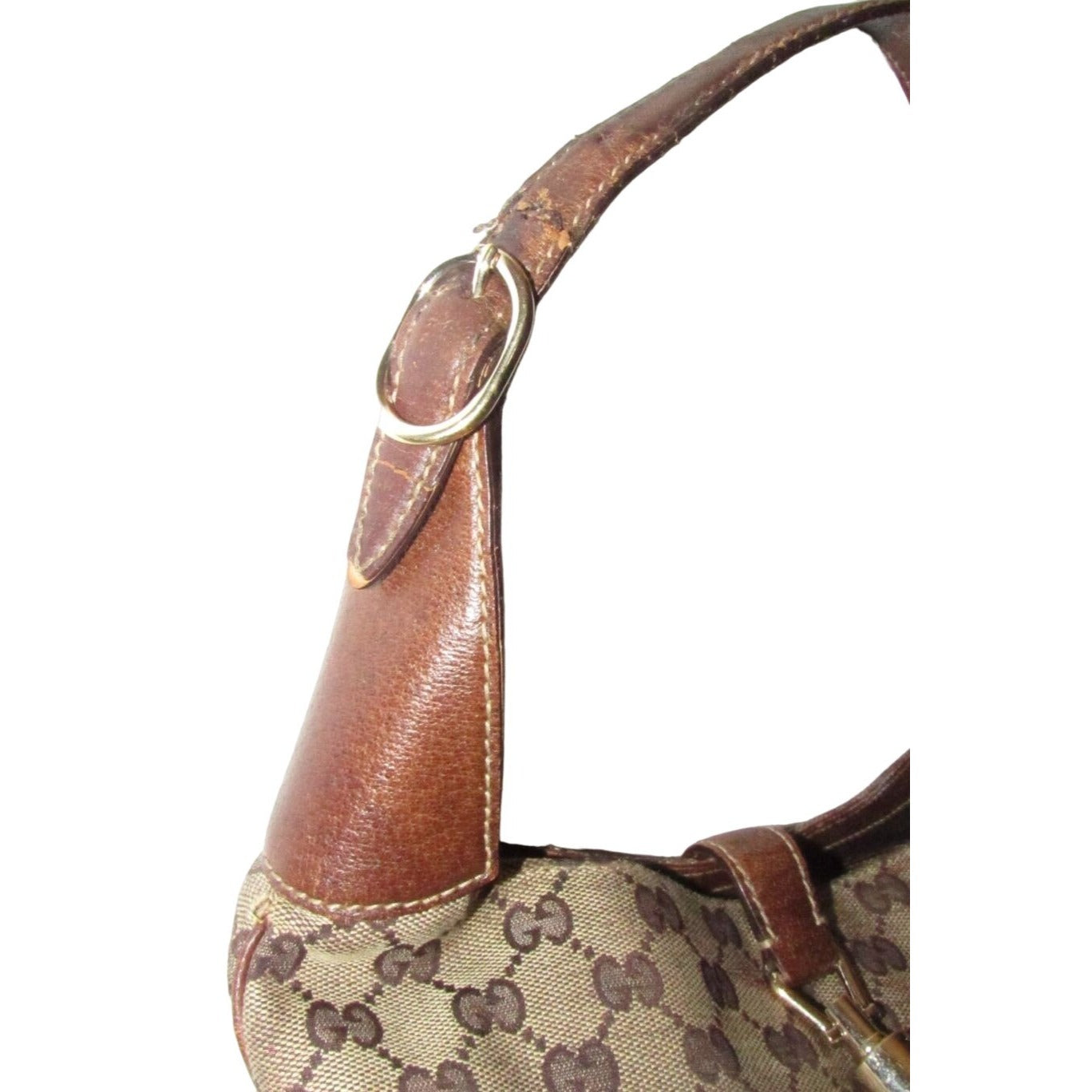 Vintage Gucci, brown Guccissima print fabric and leather, Jackie style shoulder bag with a gold piston clasp!