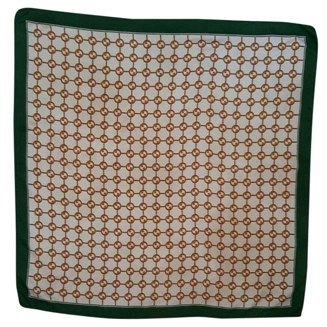 Gucci Green Gold Brown G Logo Print Silk Scarf