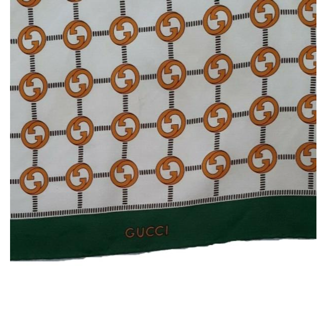 Gucci Green Gold Brown G Logo Print Silk Scarf