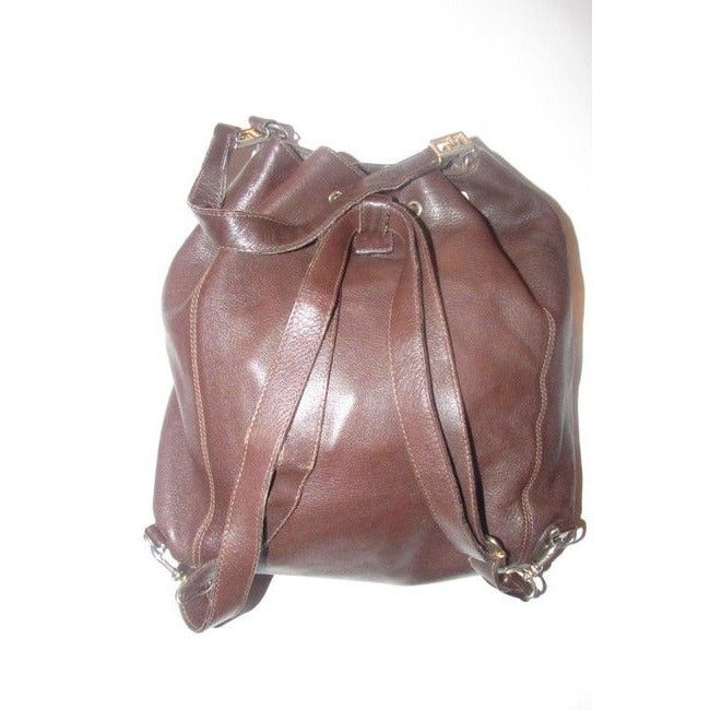 Fendi, RARE, brown leather, two-way style- XL satchel/messenger/backpack bucket style purse with a drawstring top closure