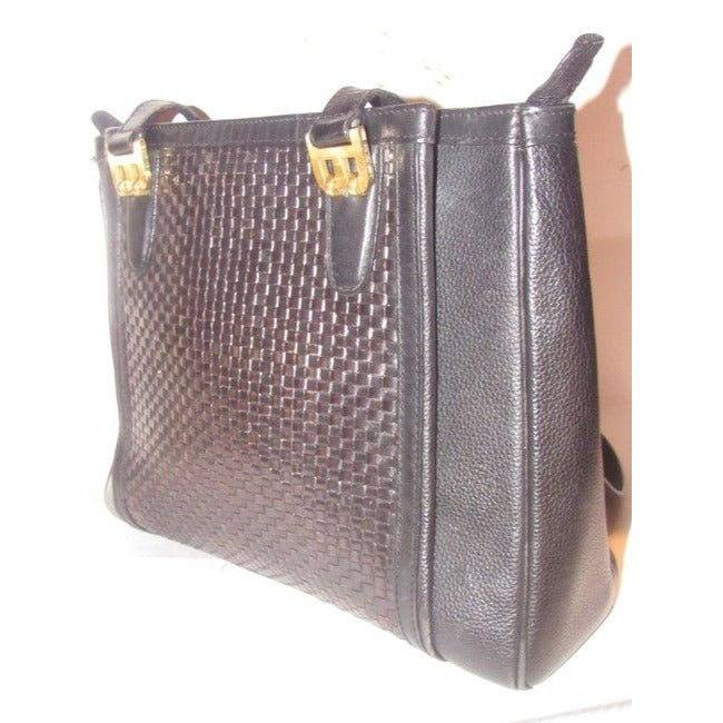 Bally Vintage Pursesdesigner Purses Black Woven And Smooth Leather Satchel