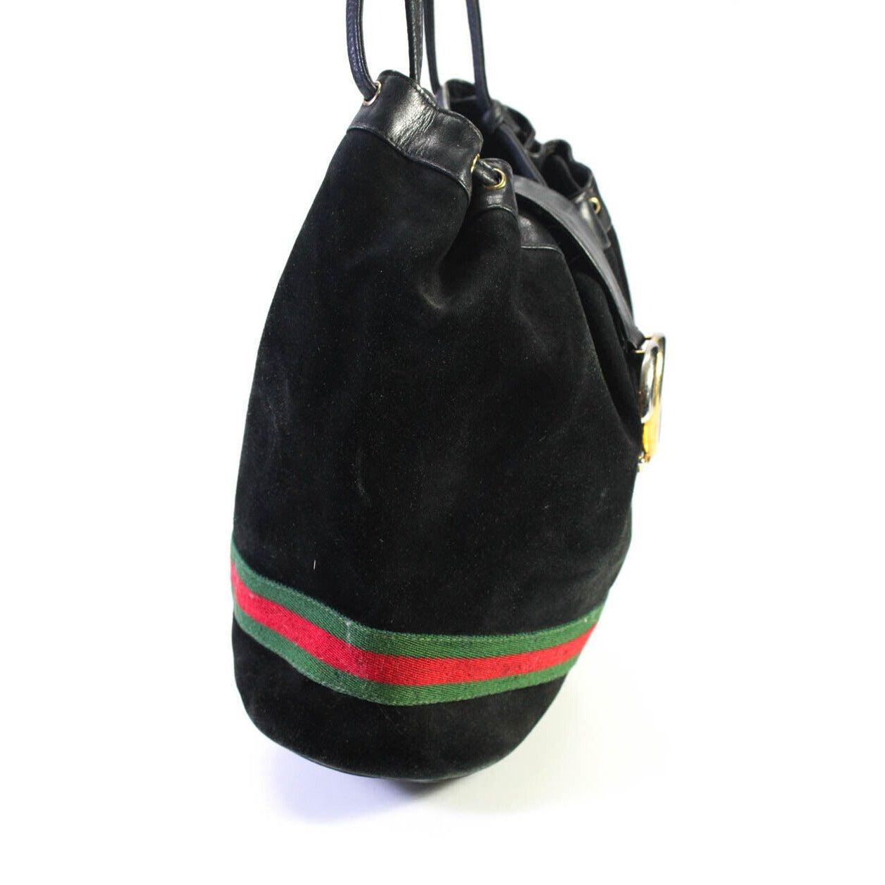 RARE, Gucci, black suede & leather, bucket bag style shoulder bag with a red & green Sherry stripe and an XL gold GG accent