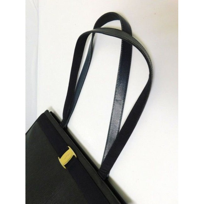 Salvatore Ferragamo Xl Style Purse Black Textured Leather With Gold Vara Accent Lizard Embossed Satc