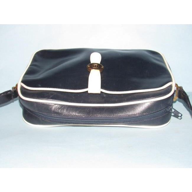 Gucci Vintage Navy Blue Leather With White Piping Shoulder Bag