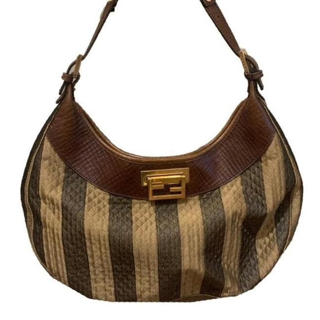 Fendi Brown Wide Pequin Stripe Print Leather & Quilted Canvas Hobo