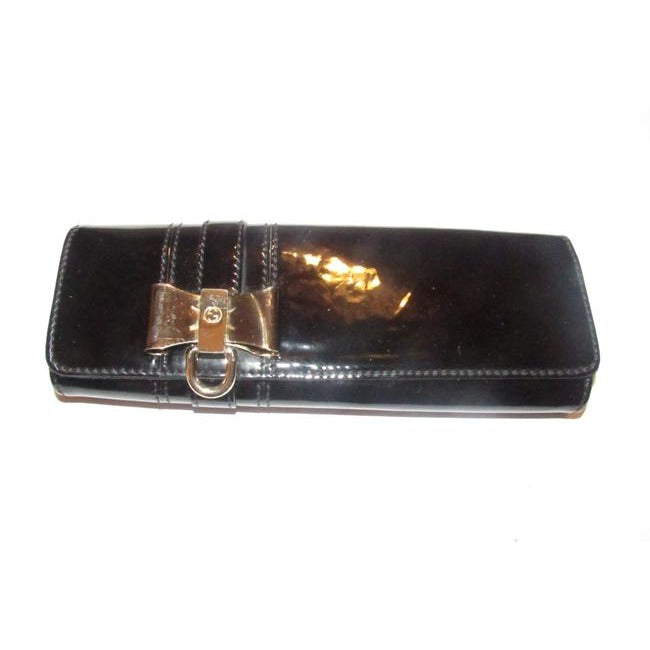 Gucci Black Patent Leather Duchessa Clutch W Gold Bow Accent