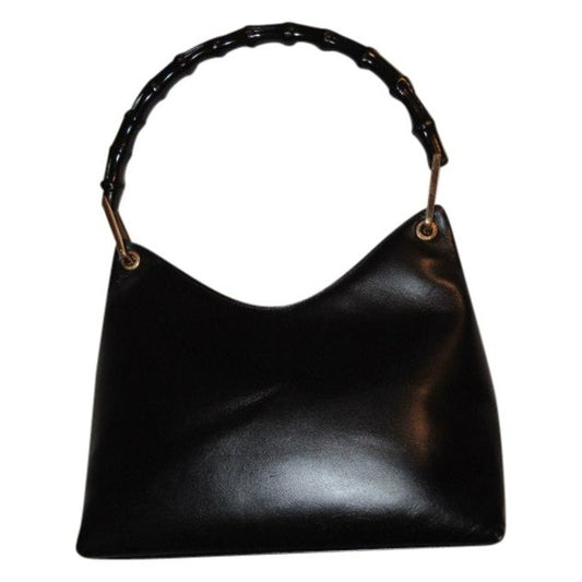 Gucci Shopper Tote With V Shaped Top Bamboo Handle Black Leather Hobo Bag