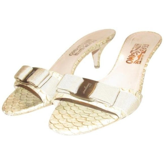 Ferragamo VARA Taupe & Gold Marbled Design Mules