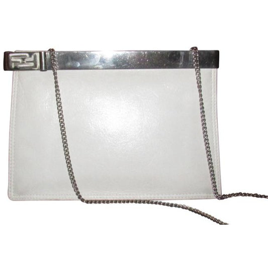 Fendi Clutch Embossed Two Or Style Purse White Leatherchrome Ff Top Shoulder Bag