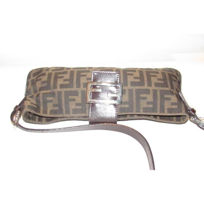 Fendi Baguette Style Shouldercross Body Purse Zucco Print In Browns Canvas And Leather Shoulder Bag